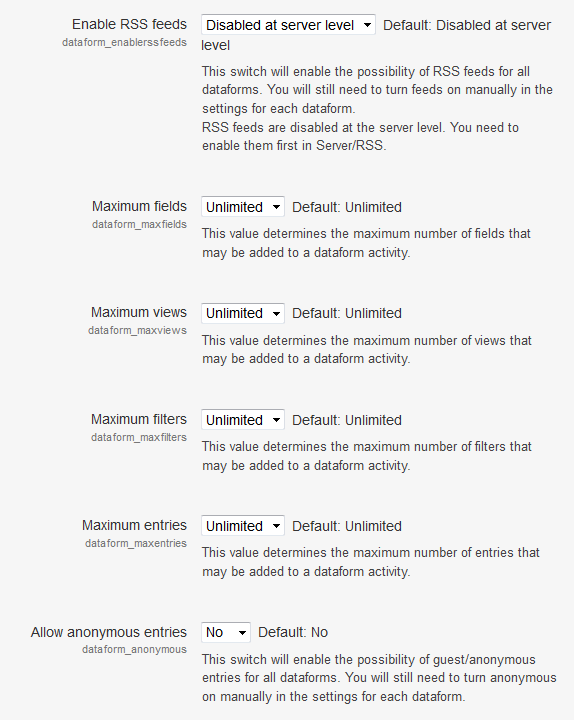Dataform site admin settings