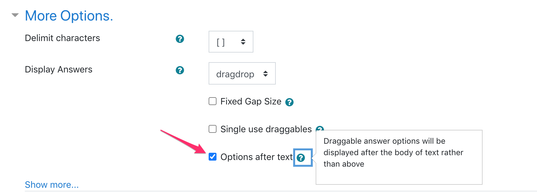 Checkbox to display options after text