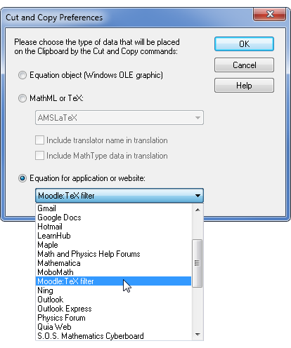 Choose the Moodle TeX filter from the Cut and Copy Preferences dialog.