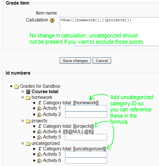 Calculation screen with uncategorized category