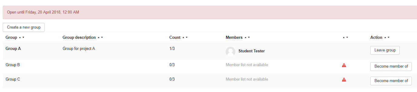 Vista de estudiantes sin grupos