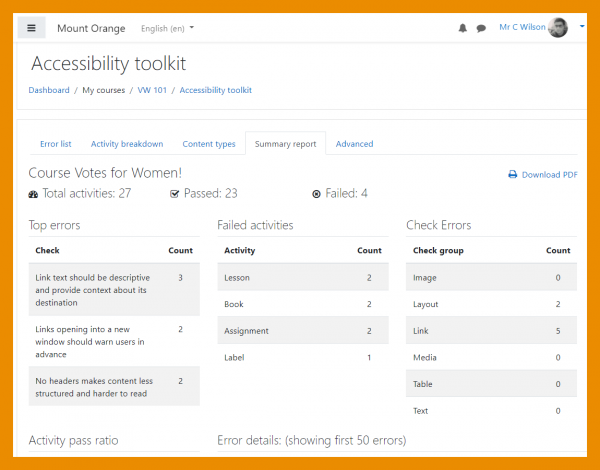 Accessibility summary report