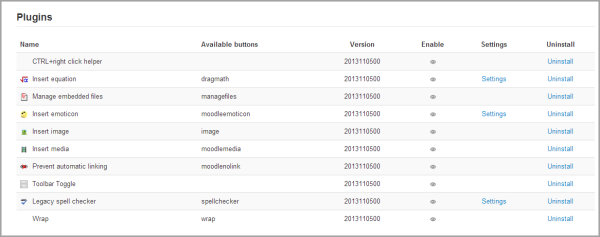 "The TinyMCE editor plugins screen"